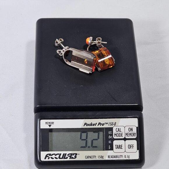 Vintage Sterling Silver Genuine Amber Stone Tube Bar Jar Dangling Stud Earrings - Picture 10 of 10